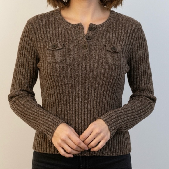 Ralph Lauren Ribbed Henley Sweater – Silk Cotton Blend, Button Detail, Medium - Picture 1 of 3